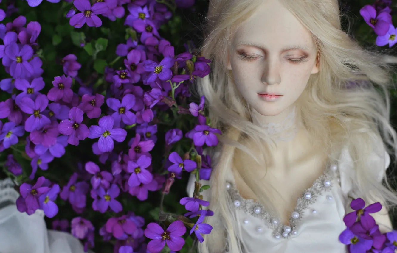 Фото обои цветы, волосы, кукла, блондинка