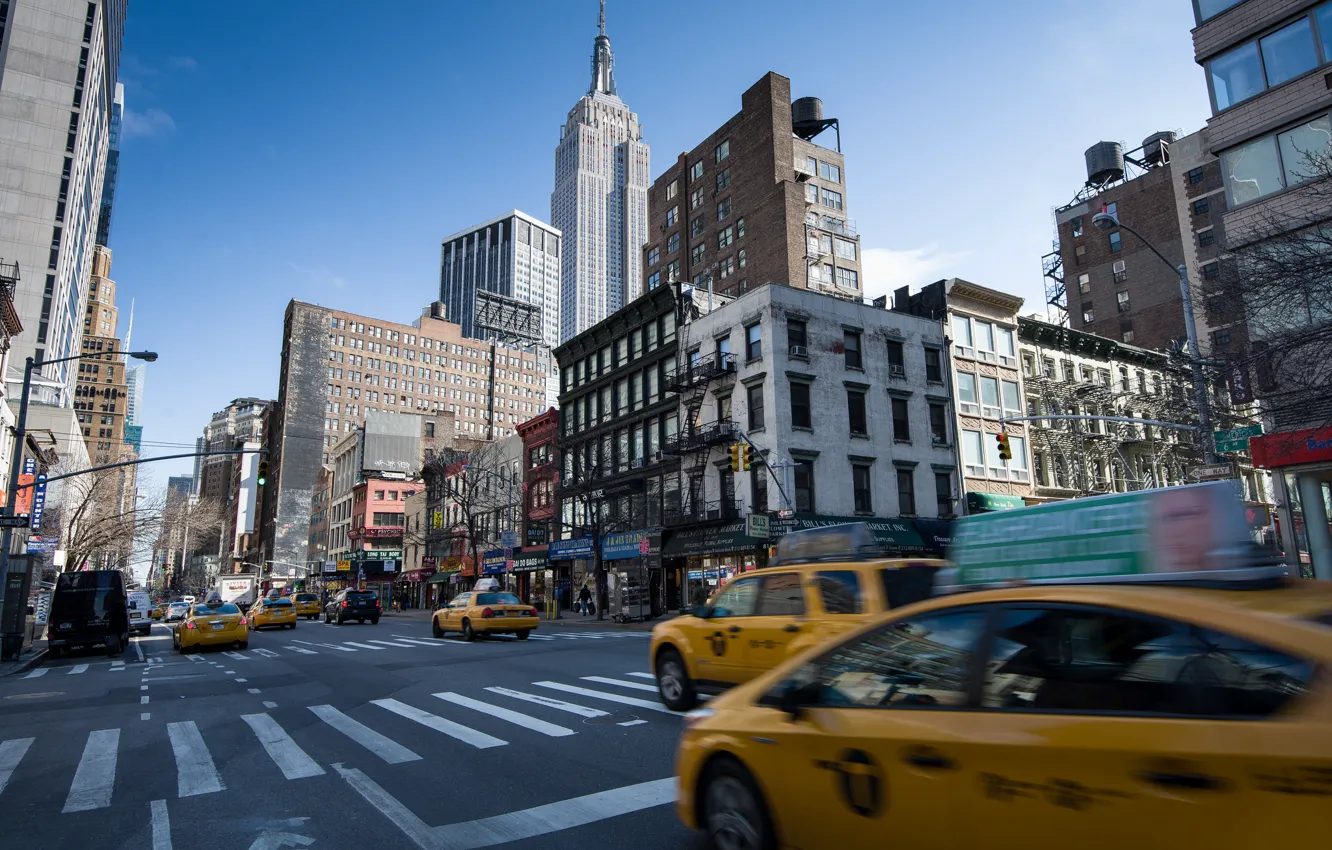 Фото обои дорога, город, улица, вид, здания, дома, Нью-Йорк, небоскребы