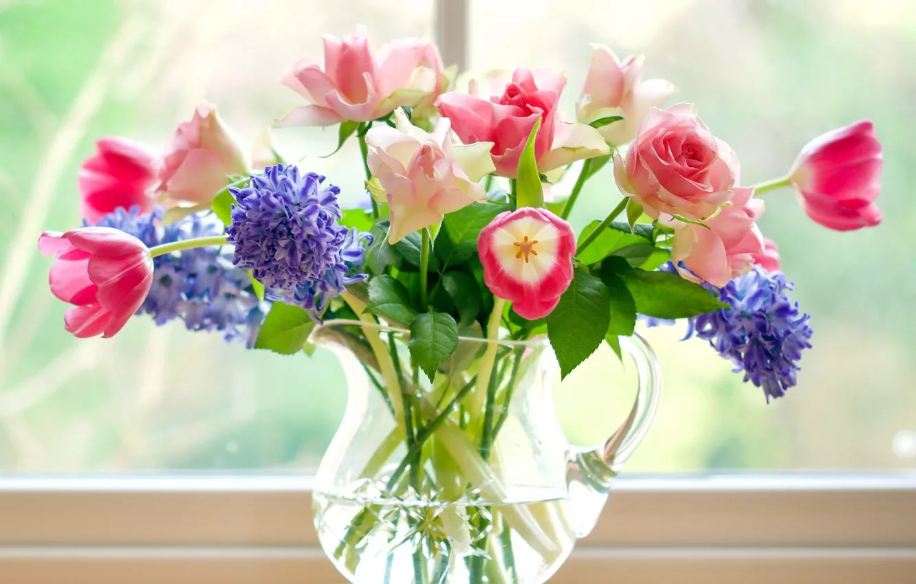 Фото обои букет, окно, тюльпаны, ваза