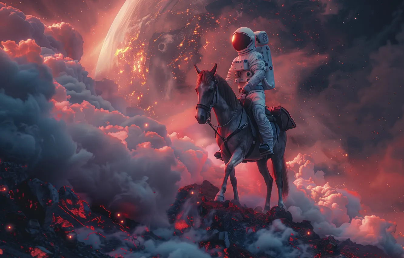 Фото обои style, neon, horse, outer space, spaceman, riding