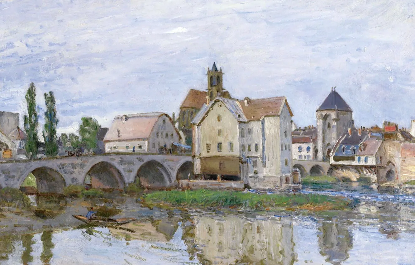 Фото обои мост, дом, река, картина, городской пейзаж, Alfred Sisley, Альфред Сислей, Морэ-сюр-Луэн. Пасмурная Погода