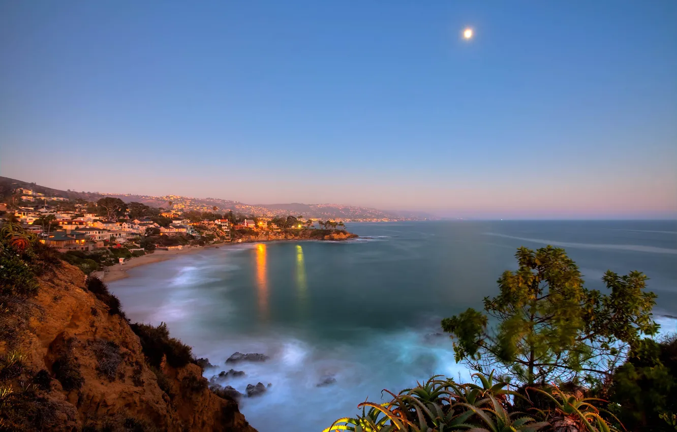 Фото обои огни, океан, Луна, California, Laguna Beach, Crescent Bay Point Park
