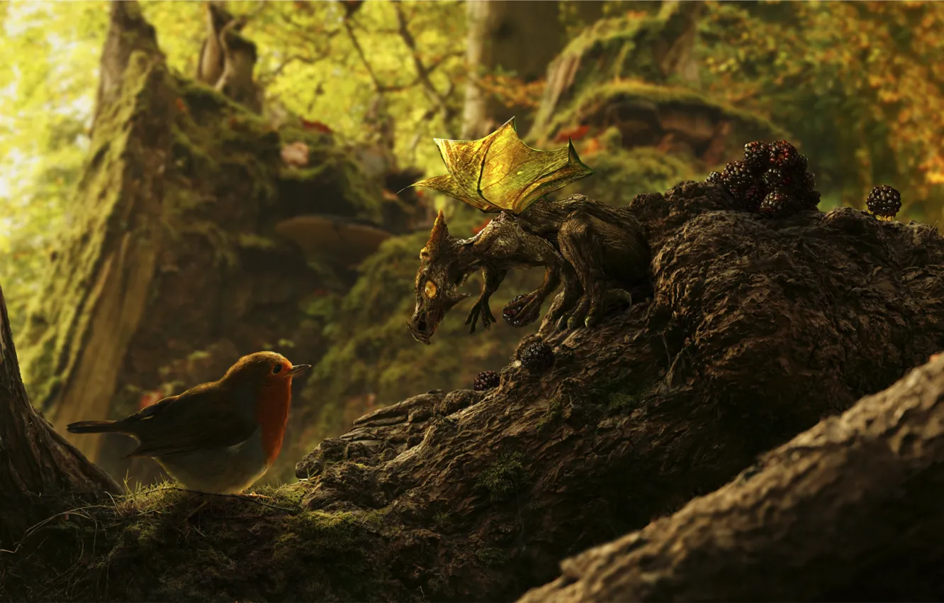 Фото обои лес, ягоды, дракон, дракончик, ежевика, прица