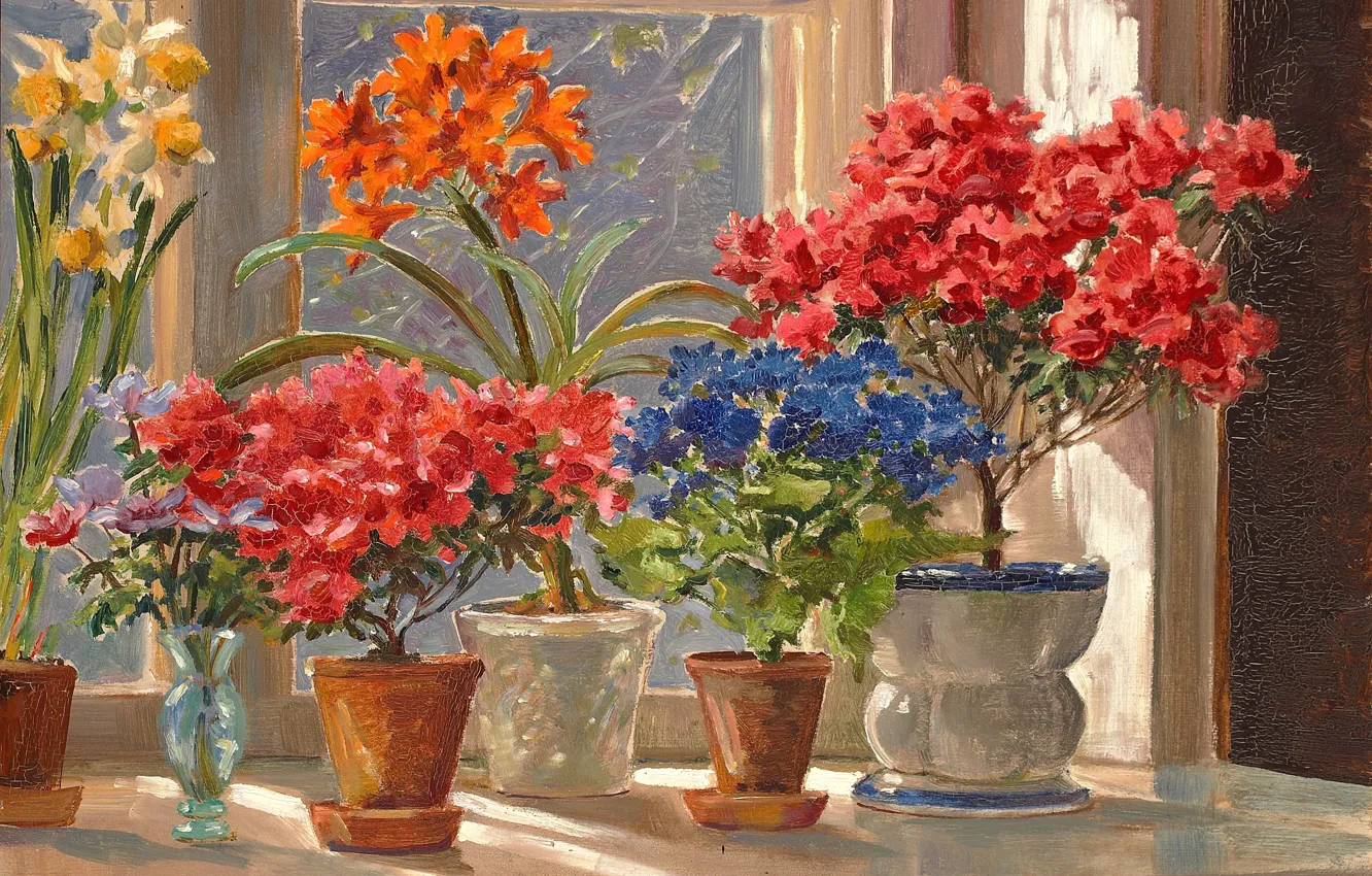 Фото обои цветы, окно, ваза, подоконник, горшки, Акварель, Ольга Александровна Куликовская-Романова
