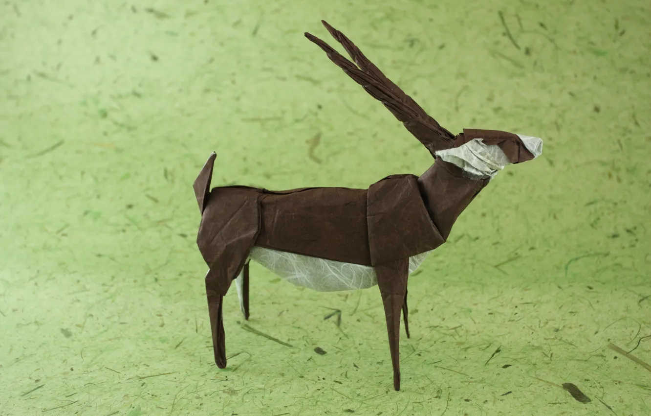 Фото обои зеленый, green, рога, horns, оригами, антилопы, origami, brown antelope