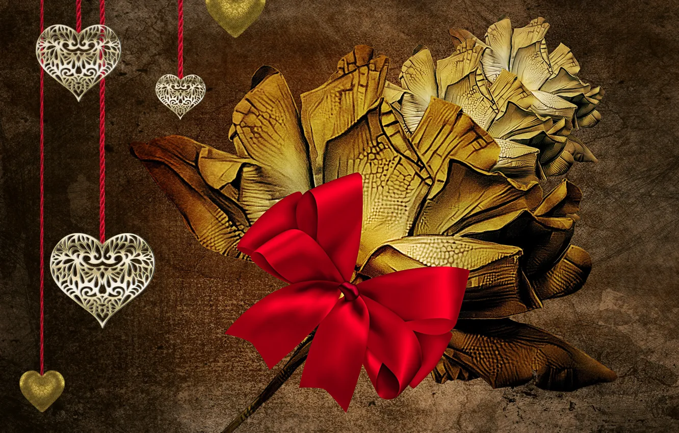 Фото обои украшения, рождество, открытка, винтажный фон, праздничный бант, золотое сердечко