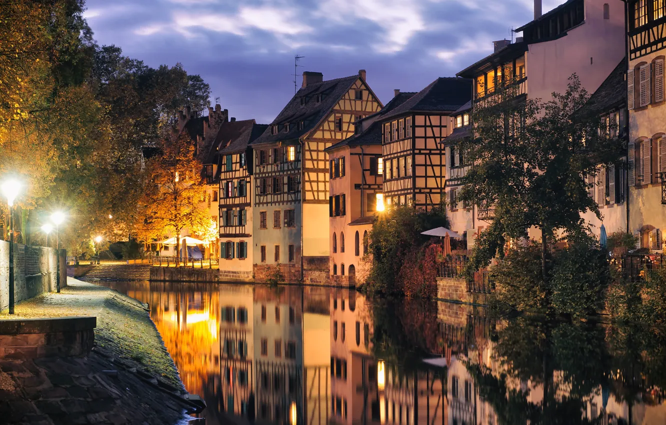 Фото обои река, Франция, дома, вечер, Страсбург