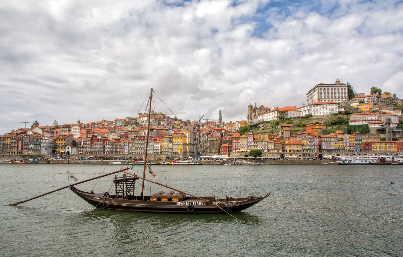 Фото обои река, лодка, здания, дома, Португалия, Portugal, Vila Nova de Gaia, Porto