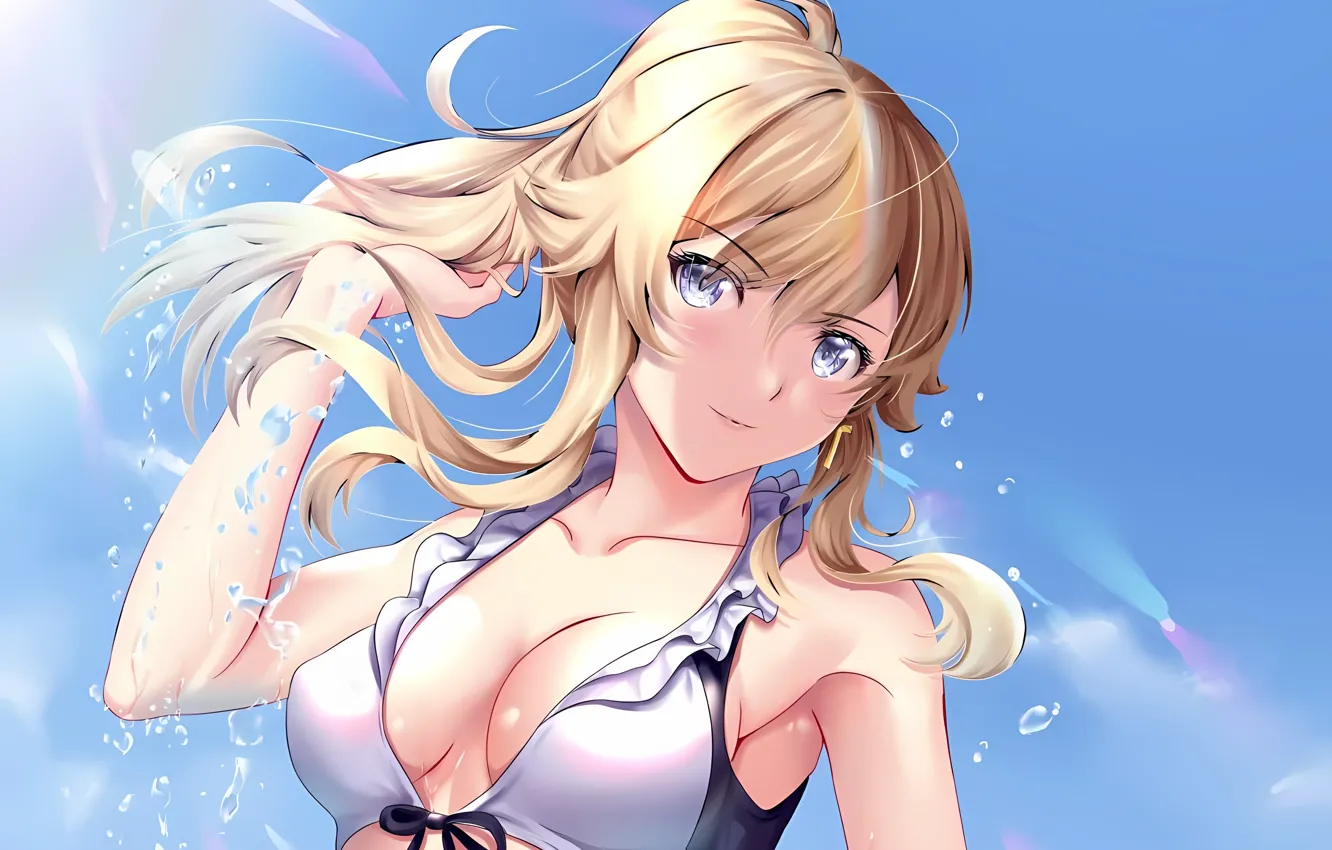 Фото обои girl, sexy, cleavage, blouse, sky, long hair, boobs, anime