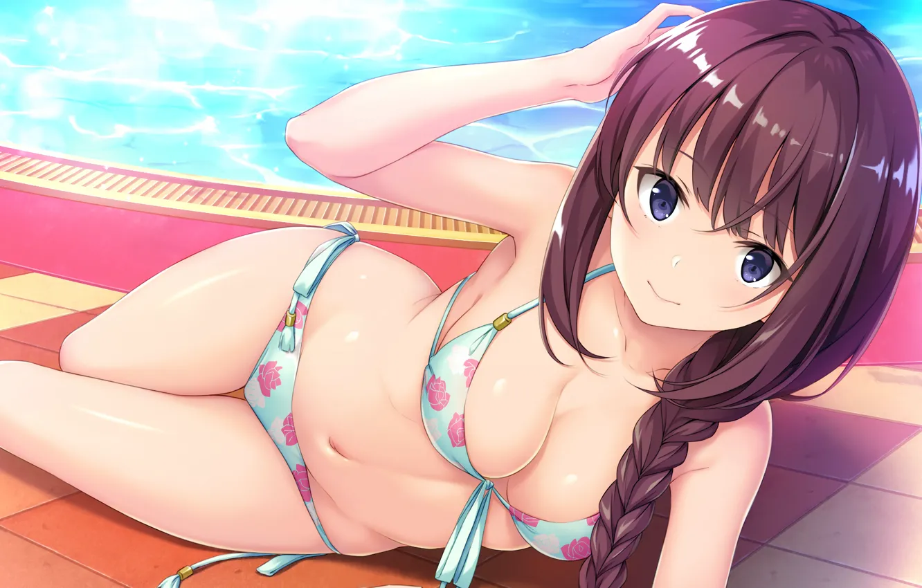 Фото обои girl, sexy, pool, cleavage, long hair, brown hair, boobs, anime