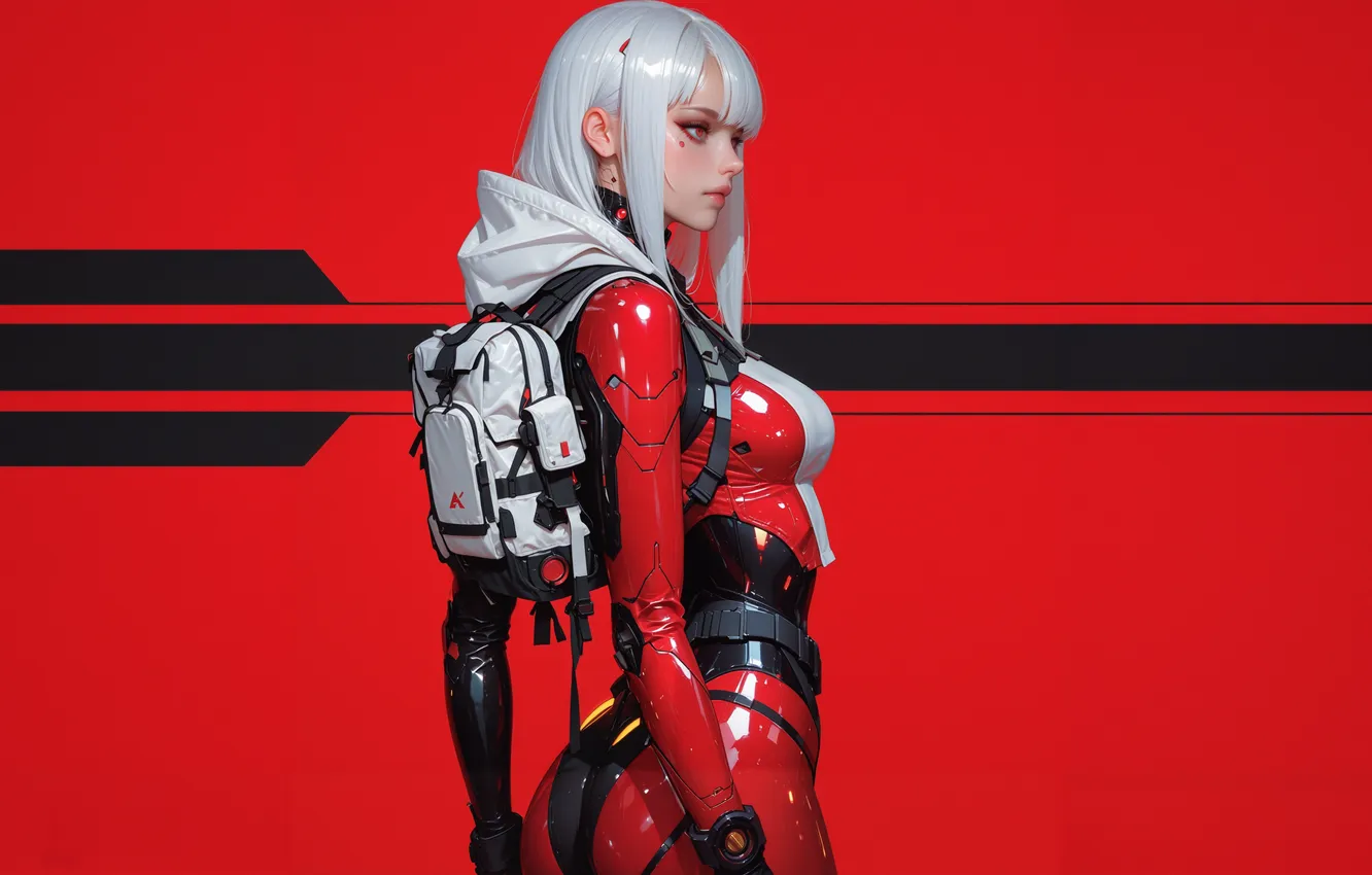 Фото обои ass, anime, science fiction, white hair, Stable Diffusion, White Bodysuit, AI Art, Red Bodysuit