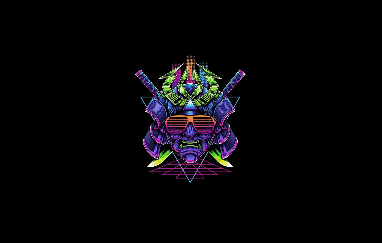 Фото обои темный фон, минимализм, неон, маска, самурай, minimalism, neon, samurai