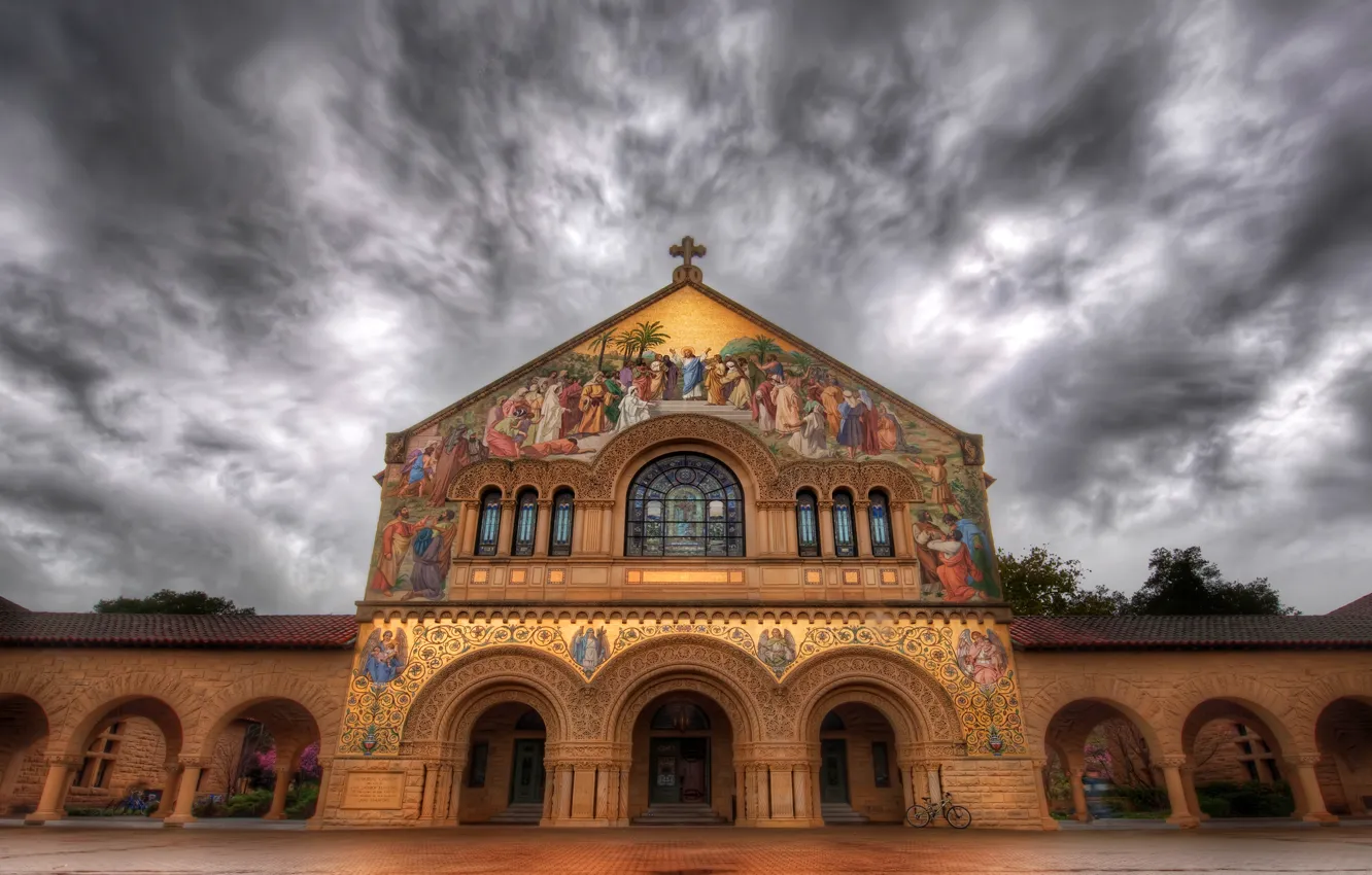 Фото обои небо, тучи, город, hdr, церковь, фреска, роспись, Stanford Church