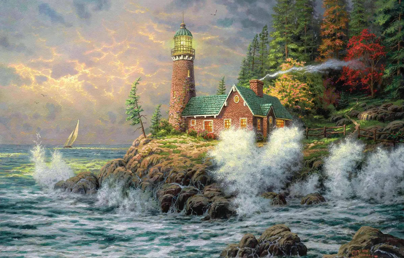 Фото обои море, маяк, картина, живопись, thomas kinkade