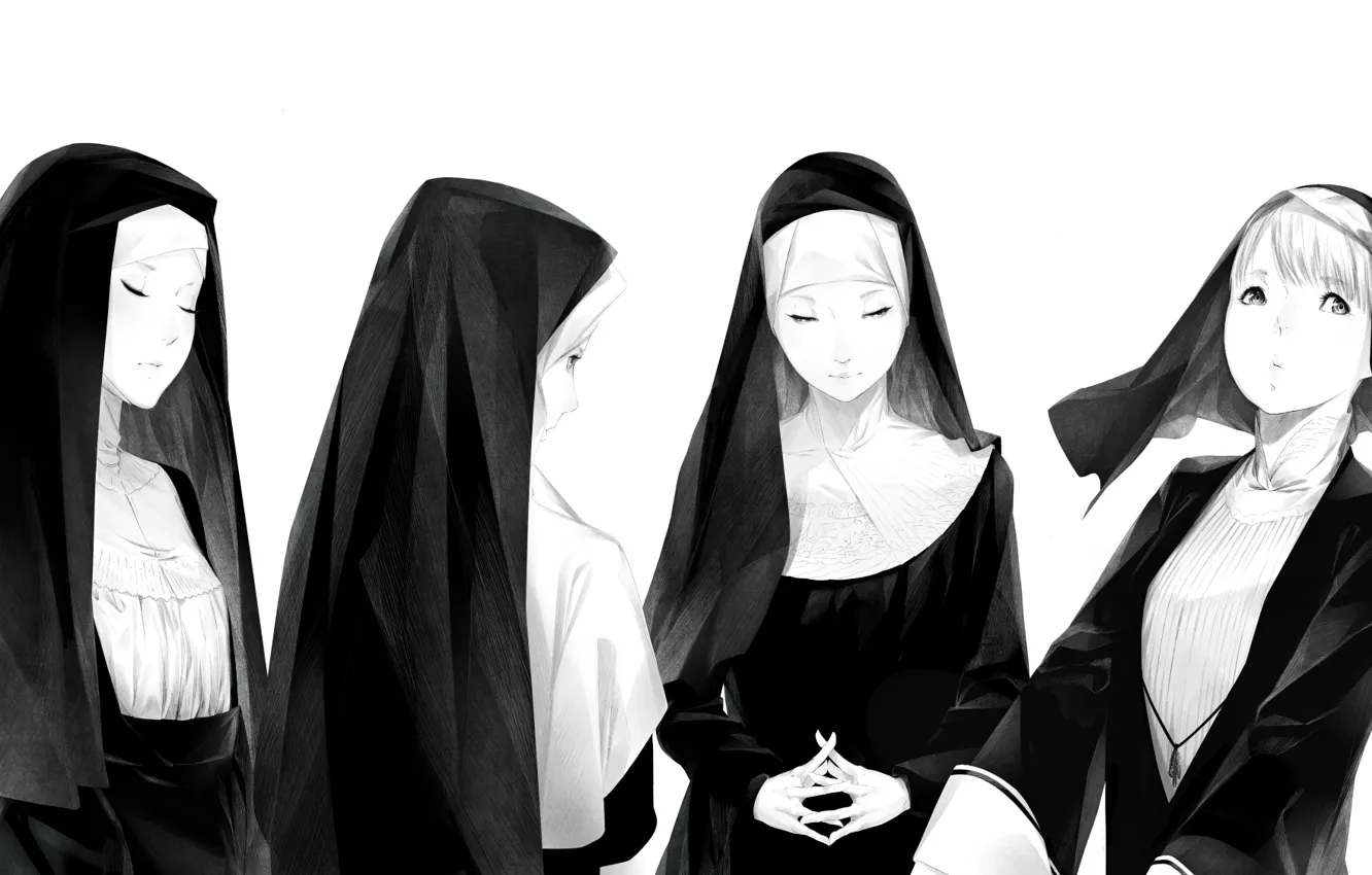 Фото обои белый, девушки, черный, арт, Sawasawa, монахини