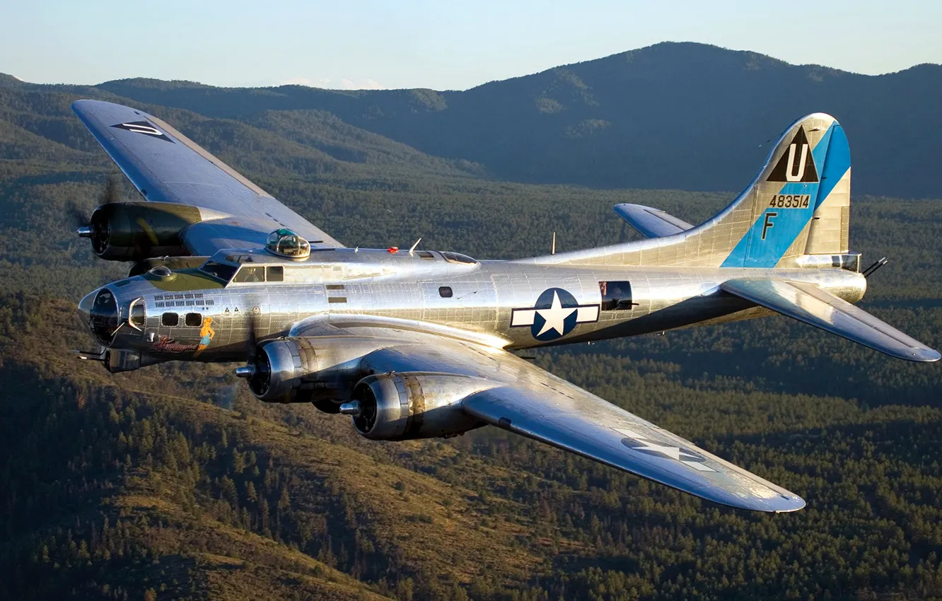 Фото обои небо, горы, ретро, бомбардировщик, B-17, летающая крепость, Flying Fortress