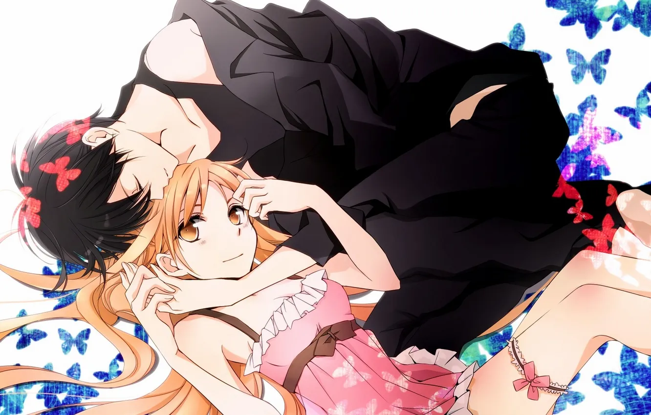 Фото обои девушка, бабочки, улыбка, аниме, арт, парень, sword art online, yuuki asuna