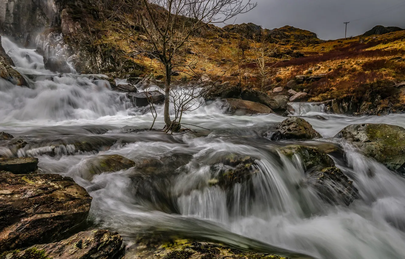 Фото обои река, камни, скалы, водопад, поток, Уэльс
