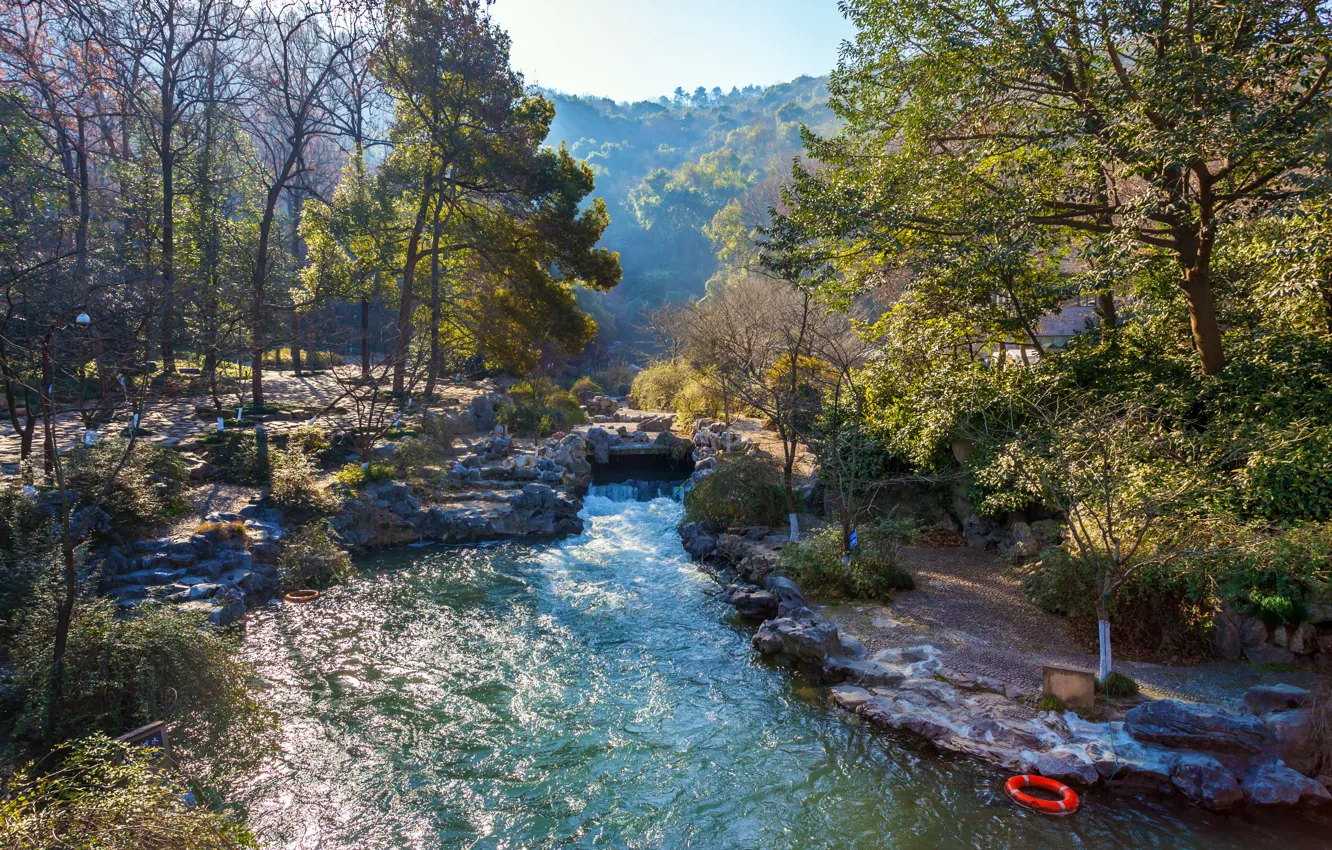 Фото обои лес, деревья, ручей, камни, течение, Китай, Hangzhou