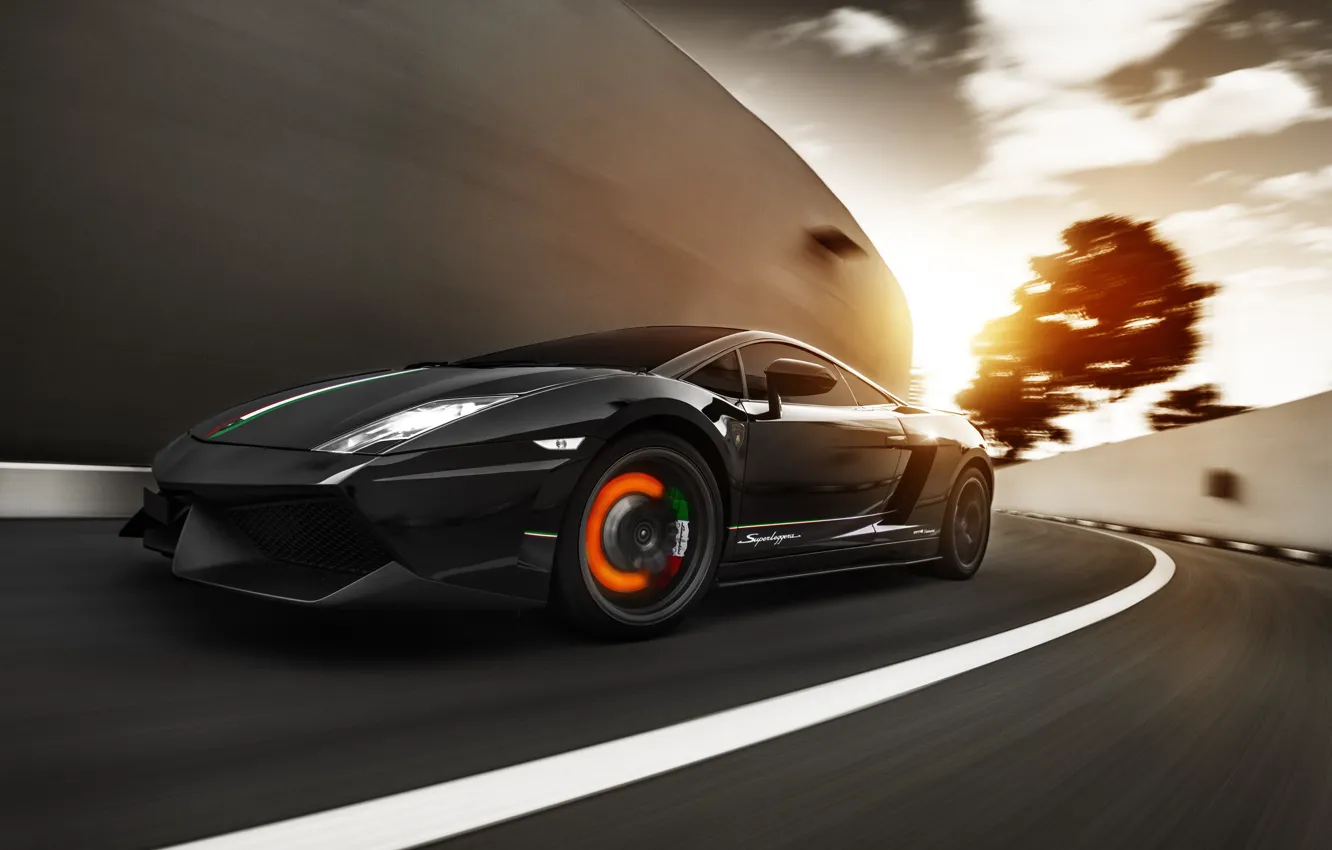 Фото обои скорость, Lamborghini, Superleggera, Gallardo, sunset, LP570-4, тормозной диск, накал