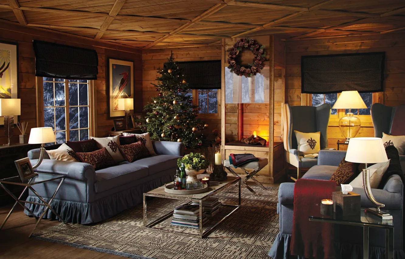 Фото обои тепло, елка, интерьер, Новый Год, Рождество, камин, гостиная, New Year