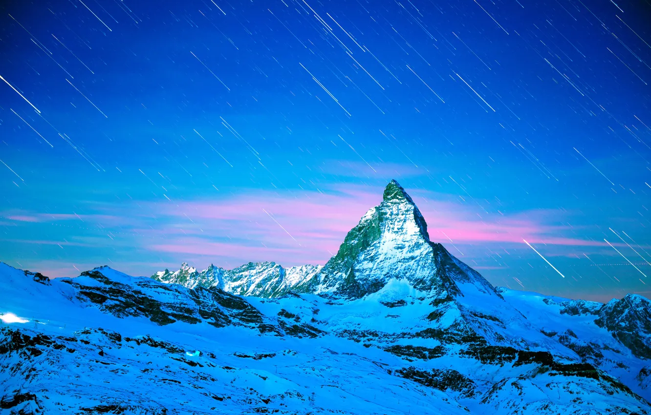 Фото обои Зима, Горы, Ночь, Звёзды