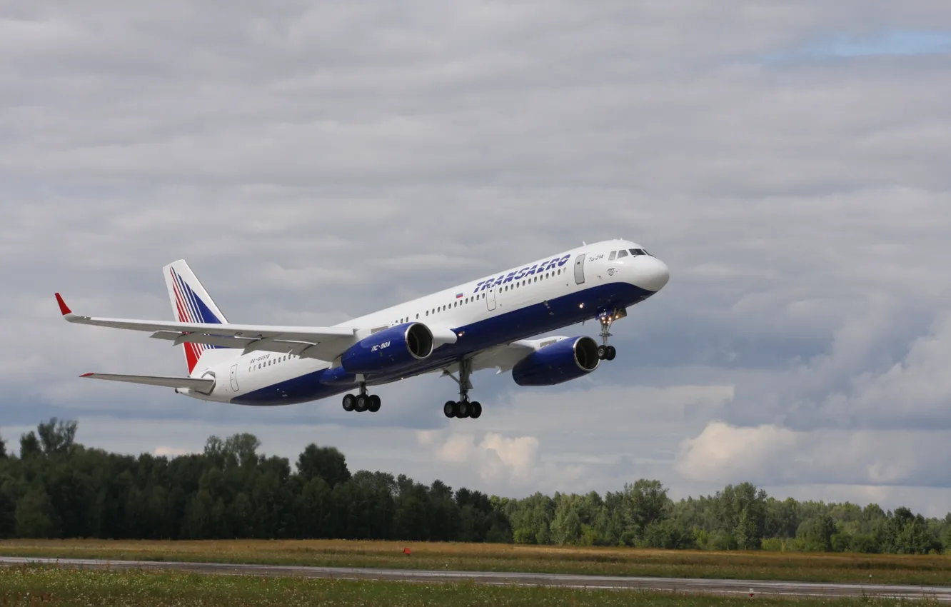 Фото обои самолёт, пассажирский, ОКБ Туполева, ВПП взлет, Transaero, средне-магистральный, Ту -214