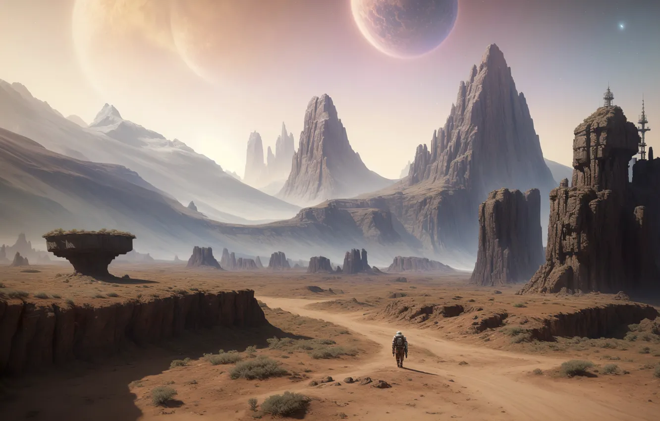 Фото обои moon, landscape, art, day, fantastic, planet, digital art, pathfinder