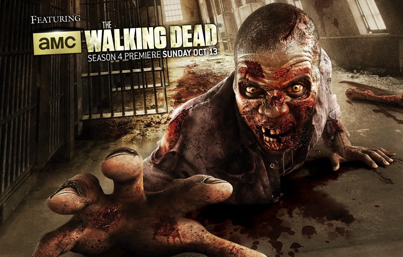 Фото обои zombie, blood, biohazard, man, series, prison, yellow eyes, The Walking Dead