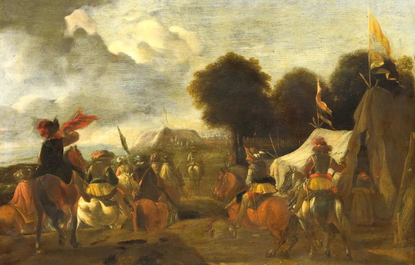 Фото обои деревья, масло, картина, Военный Лагерь, 1674