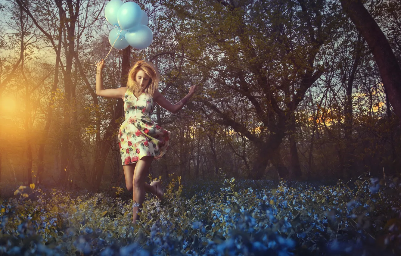 Фото обои лес, девушка, шары