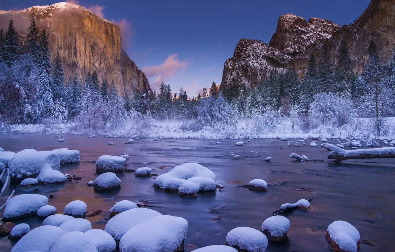 Фото обои зима, снег, деревья, горы