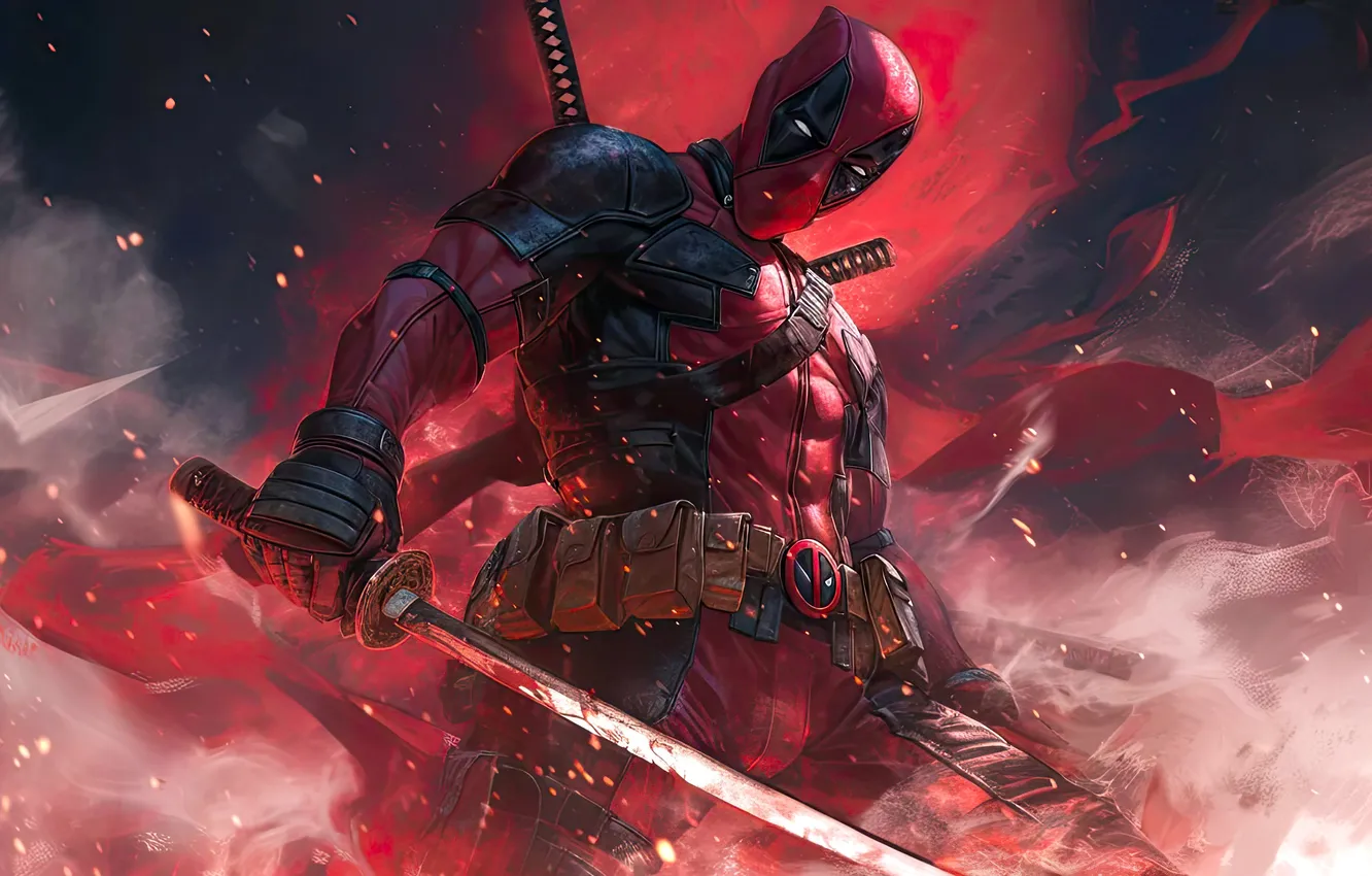 Фото обои пламя, дым, катана, Deadpool, супергерои, дедпул, фэнтези арт, Digital artwork