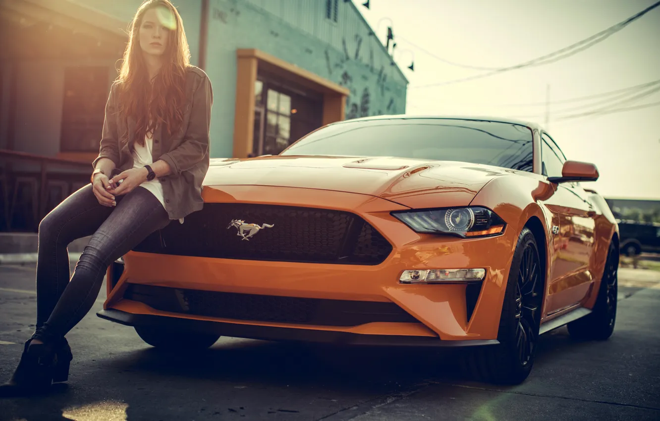 Фото обои mustang, girl, ford mustang, orange, jeans, redhead