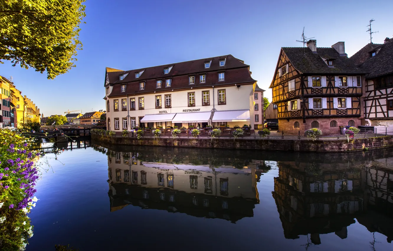 Фото обои отражение, Франция, дома, канал, Страсбург, France, Strasbourg