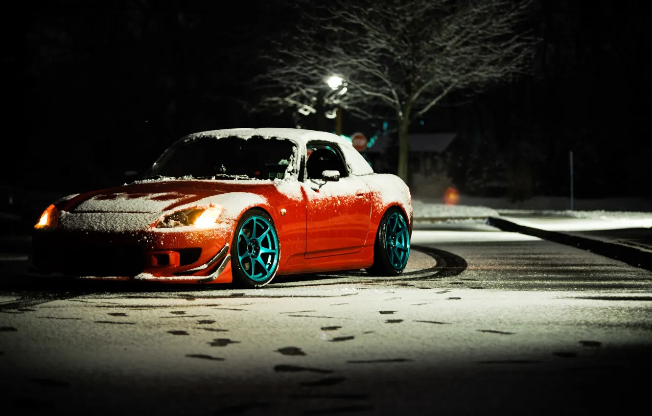 Фото обои зима, ночь, honda, красная, хонда, tuning, s2000