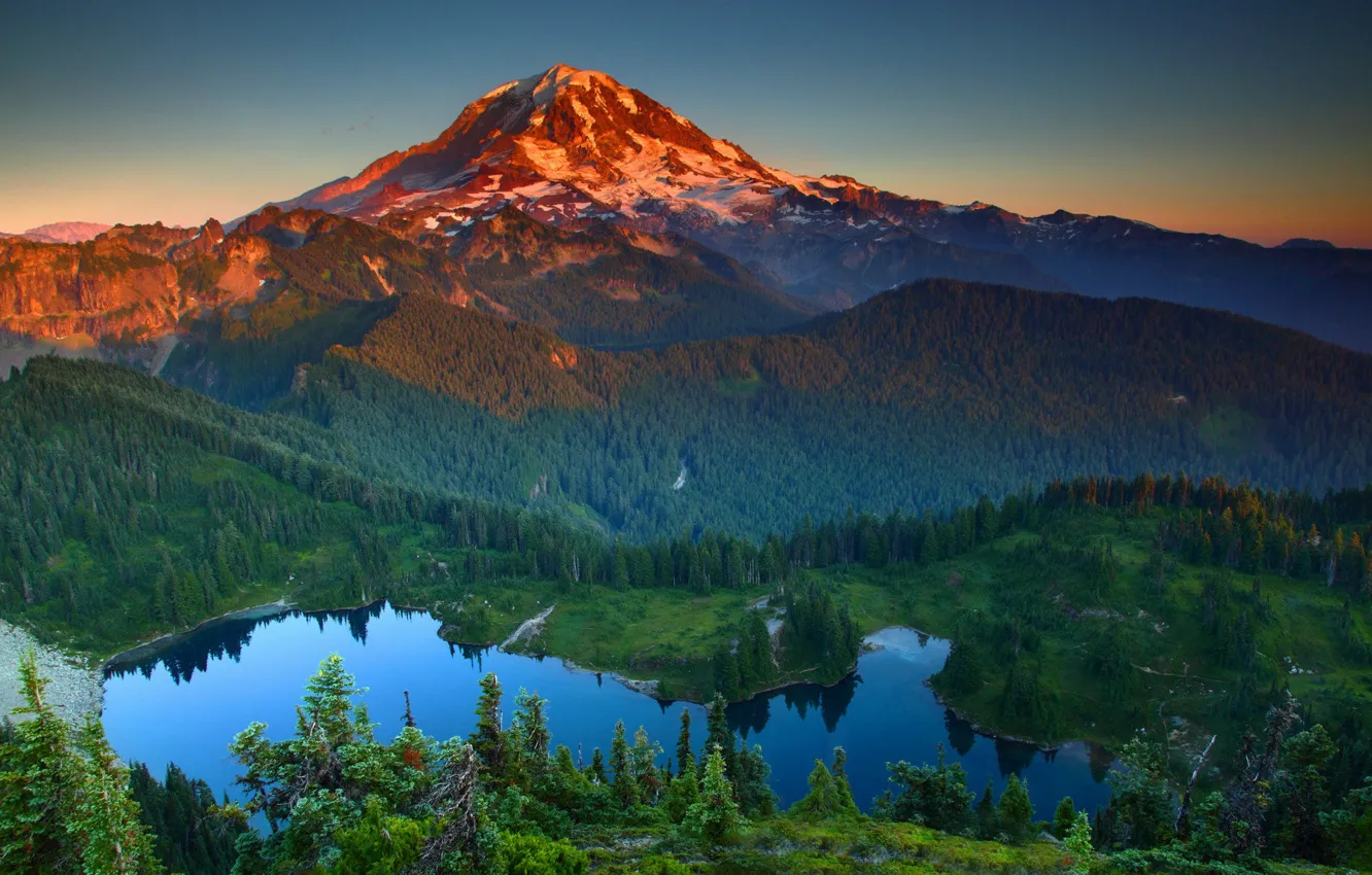 Фото обои пейзаж, закат, горы, природа, озеро, холмы, США, леса