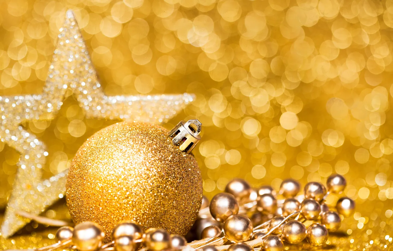 Фото обои золото, игрушка, звезда, новый год, шар, бусы