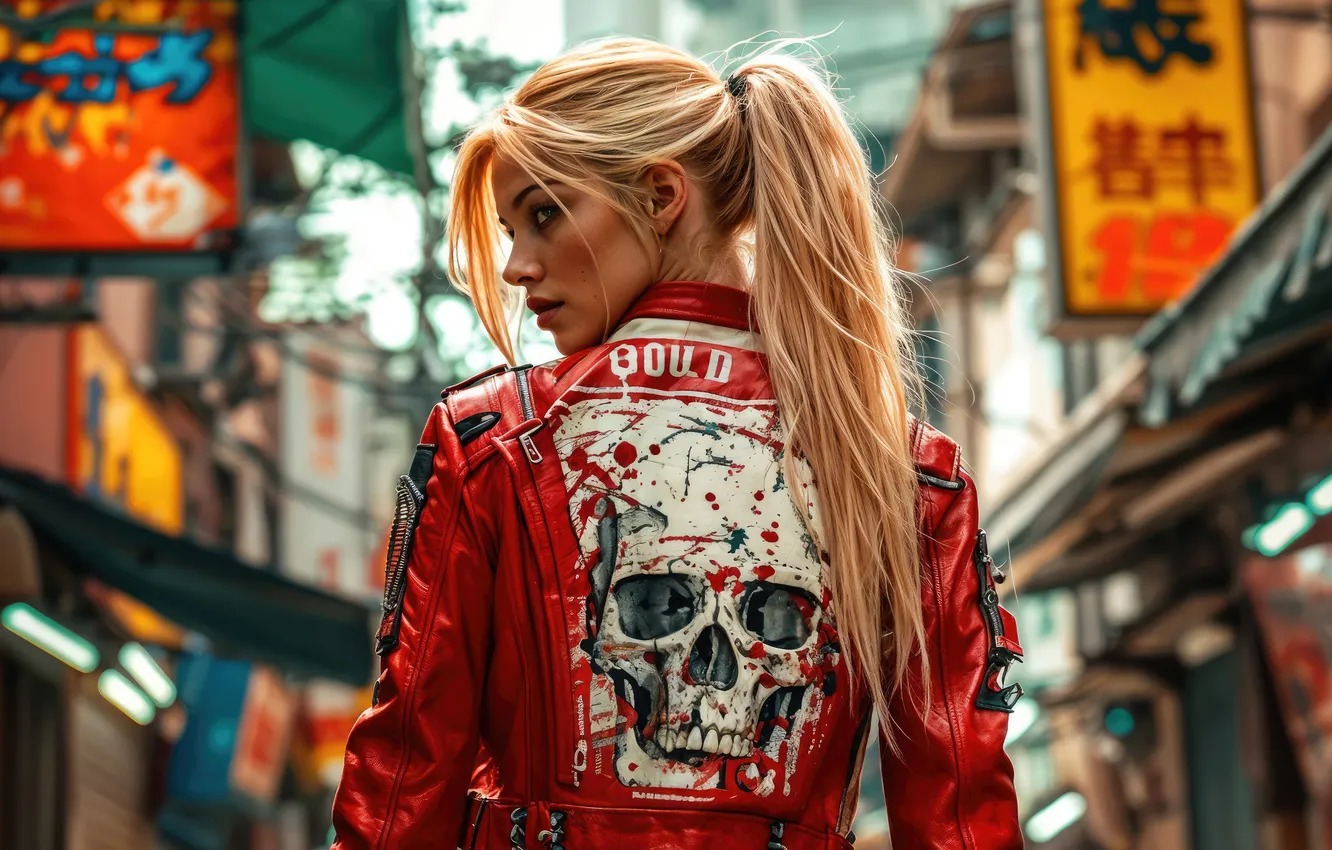 Фото обои city, girl, ponytail, blonde, jacket, ai art