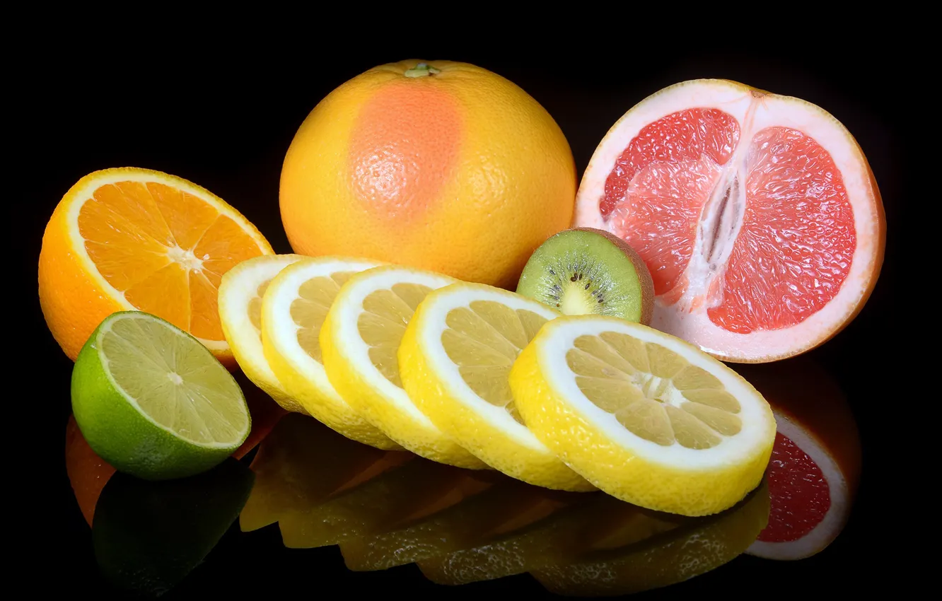 Фото обои фон, лимон, апельсин, киви, грейпфрут, цитрусовые