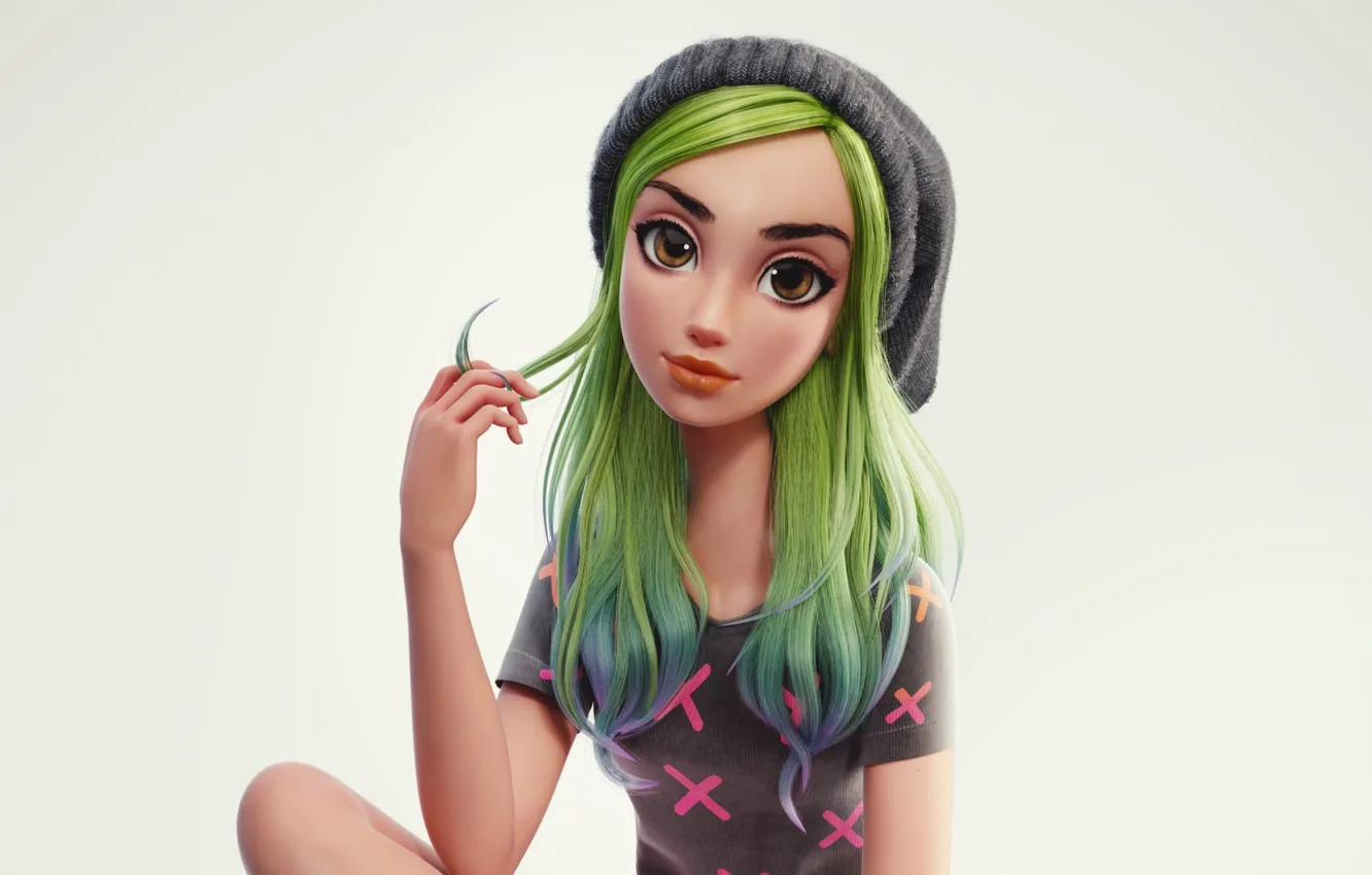 Фото обои шапка, рука, девочка, серый фон, зеленые волосы, art, большие глаза, вязаная