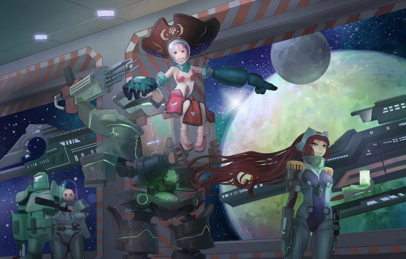 Фото обои космос, девушки, планеты, корабль, роботы