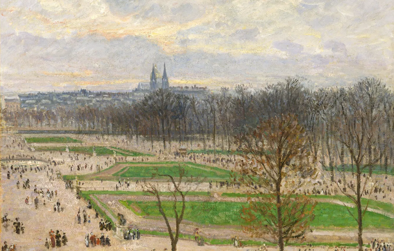 Фото обои пейзаж, город, парк, Париж, картина, Камиль Писсарро, Сады Тюильри Зимним Днем
