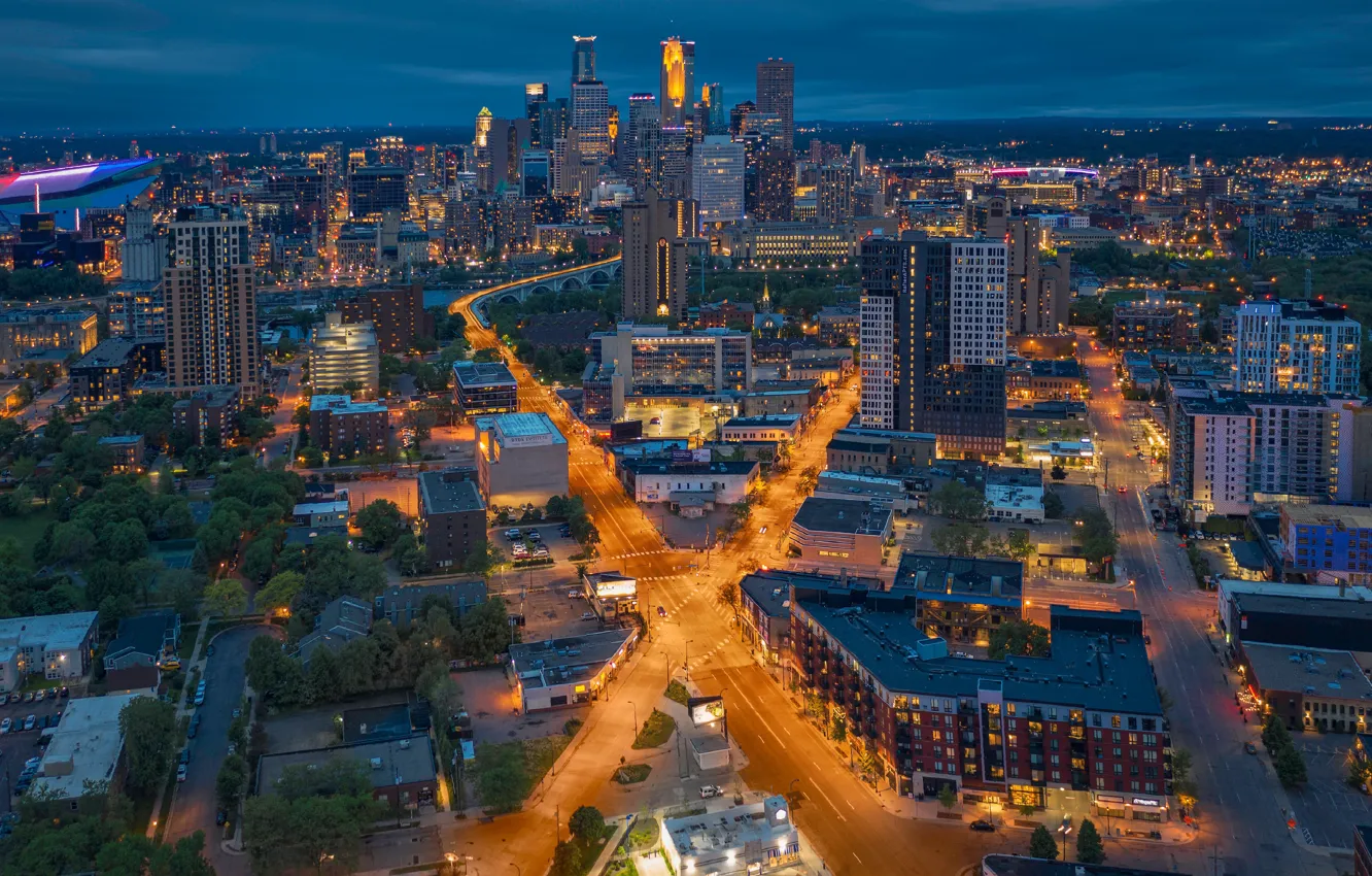 Фото обои здания, дороги, дома, панорама, перекрёсток, ночной город, небоскрёбы, Миннесота