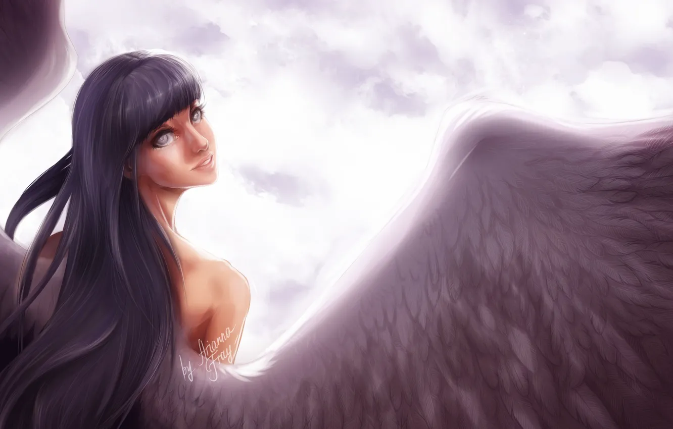 Фото обои небо, взгляд, девушка, улыбка, крылья, ангел, Наруто, Naruto
