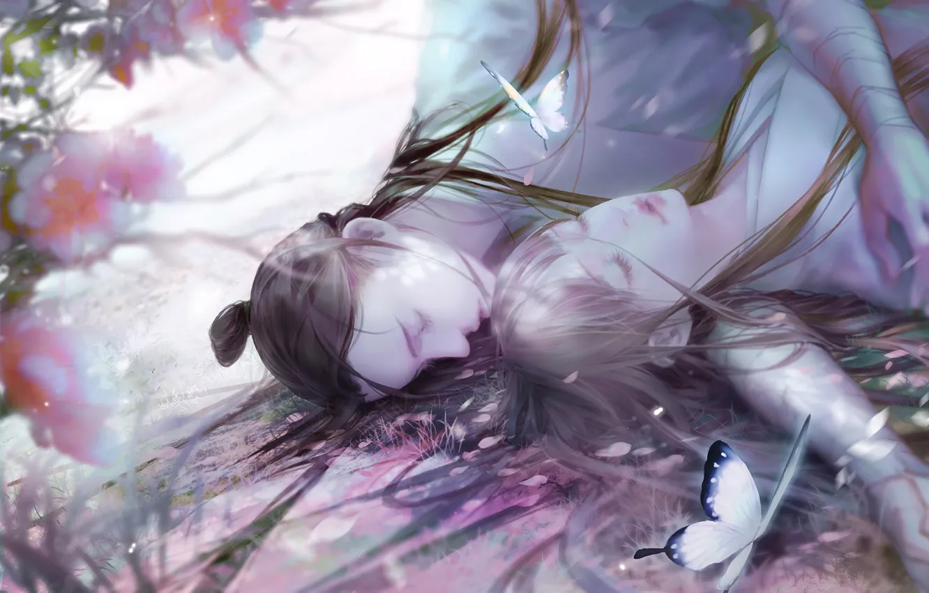 Фото обои девушка, бабочки, сакура, парень, спят, by icelog