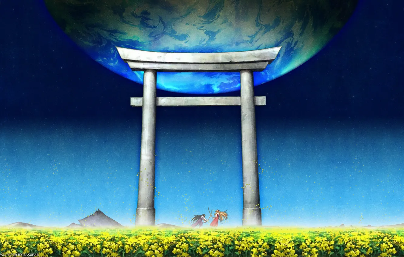 Фото обои Япония, синее небо, ворота тории, by Kaishaku, Himeko Kurusugawa, Kannazuki no Miko, Chikane Himemiya