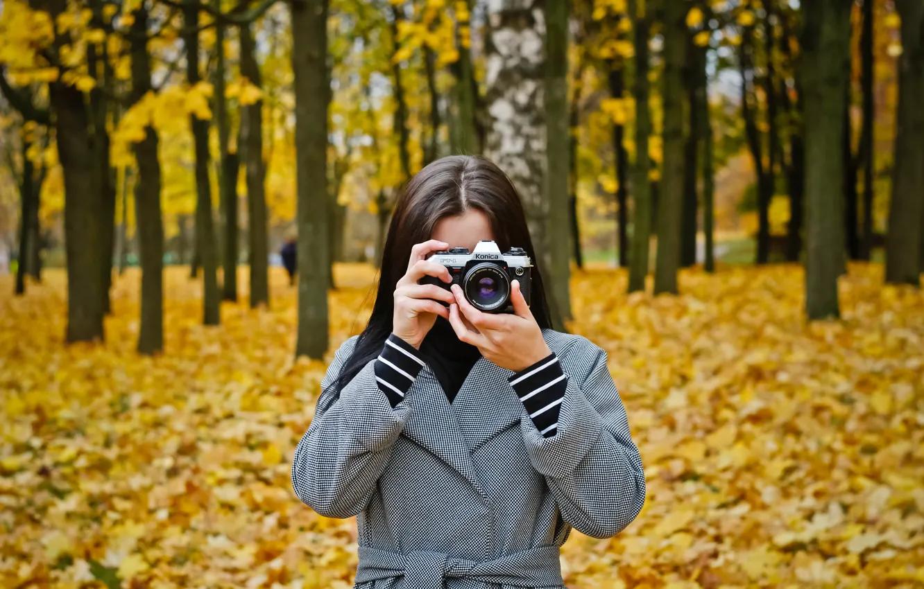 Фото обои Осень, camera, Konica, girl with a camera, Девушка с фотоаппаратом