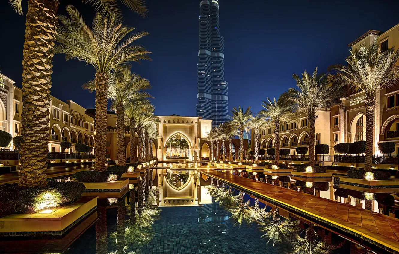 Фото обои ночь, бассейн, Дубай, отель, Dubai, Caliphs Palace