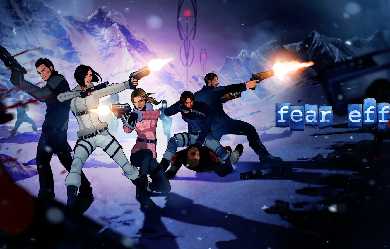 Фото обои снег, горы, оружие, бой, схватка, art, Fear Effect, fear effect sedna